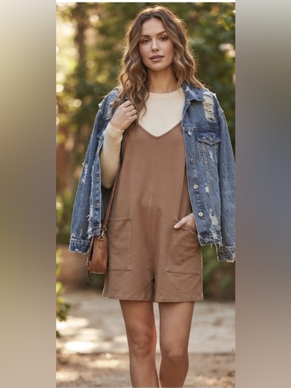 Brown Spaghetti Strap Romper Jumper with Deep Pockets Size L